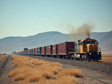 Контейнерный поезд на перегоне через степь